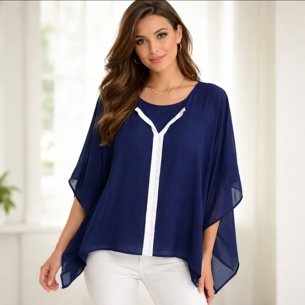 Navy Blue Chiffon Cape Poncho Blouse w/ White Trim Overlay Top Size L Nautical